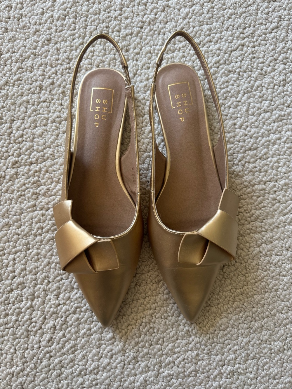 ShuShop Audrey Flats, Gold Pointed Toe Slingback Flats with Knot Accent